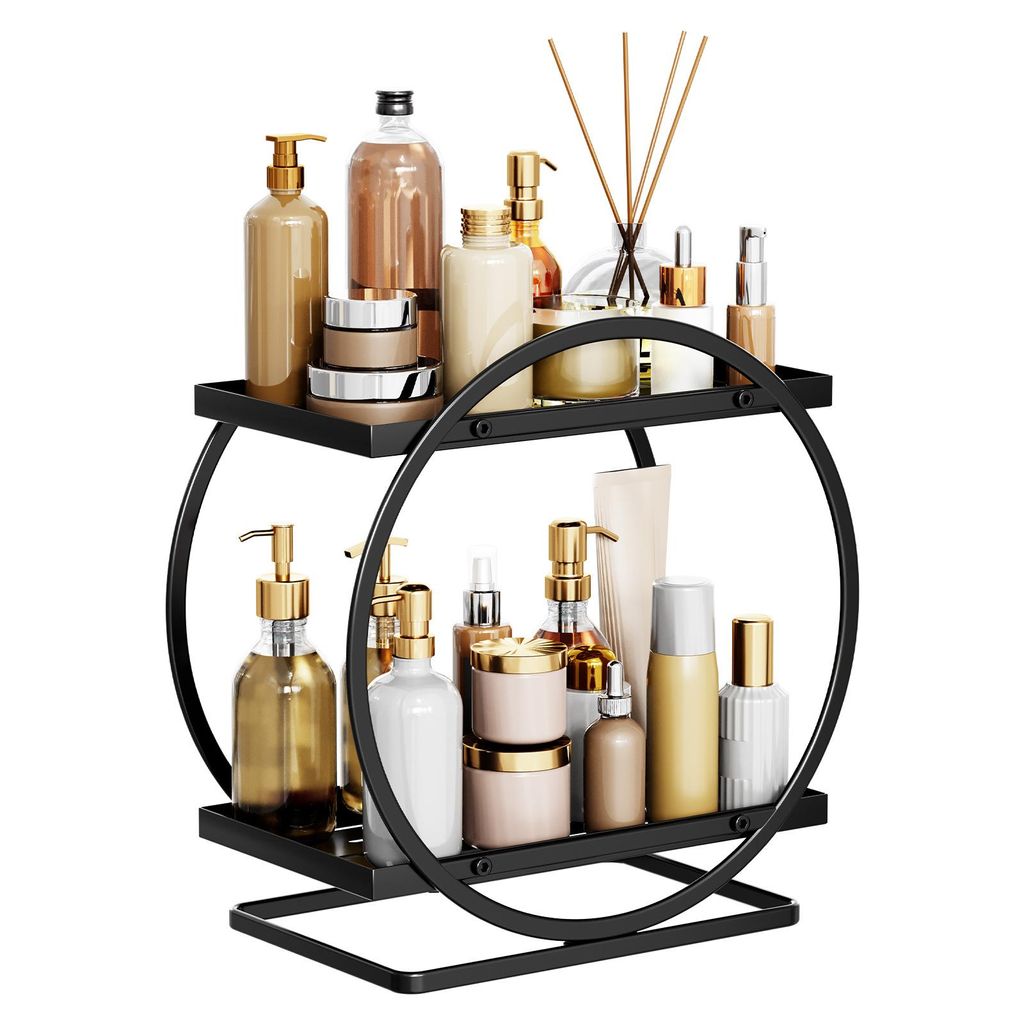 2-stöckiger Make up Organizer Metall Parfüm Organizer für Badezimmer Kommode, Schwarz Rund