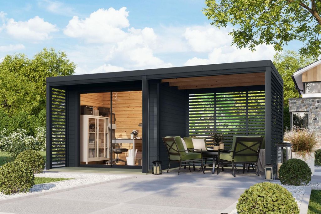 Gartenhaus Holz 38mm mit Anbaudach Metall anthrazit / Holz anthrazit SATURN 539x276x232cm