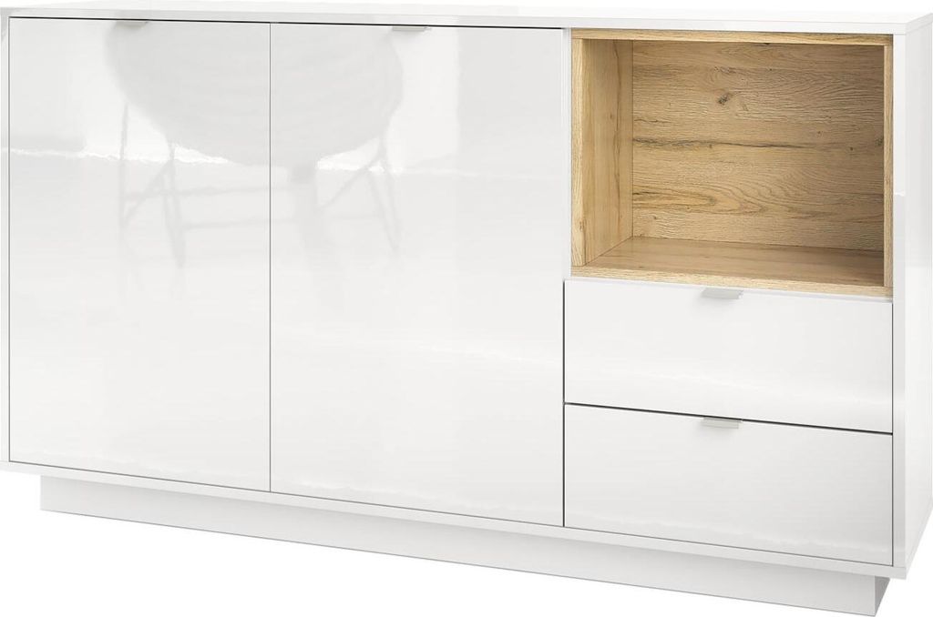 Vladon Sideboard Kommode Metro, Germany, Korpus in Weiß Hochglanz / Fronten in Weiß Hochglanz mit Einsatz in Eiche Natur