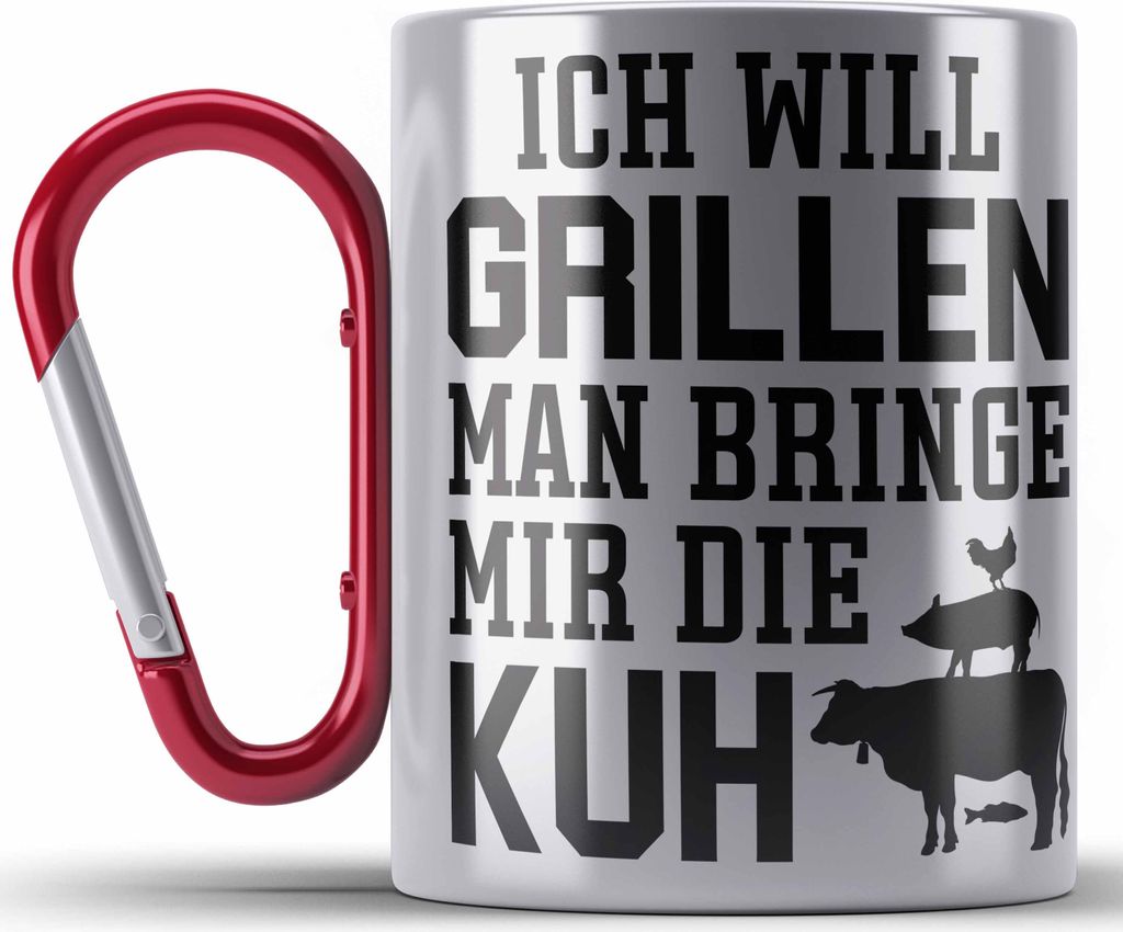 Trendation - Grill Edelstahl Tasse Karabiner Geschenk Männer Steak Liebhaber Grillen Geschenkidee Vater (Rot)