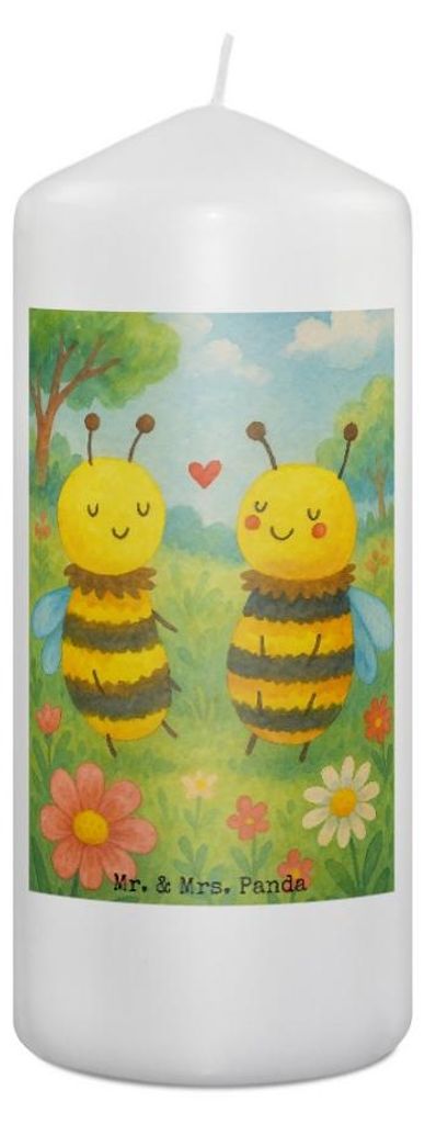 Mr. & Mrs. Panda Kerze Biene Verliebt Design 19 x 8 cm - Weiß - Geschenk, Zylinderkerze, Wachskerze, Erinnerungskerze, Blockkerze, Stumpenkerze