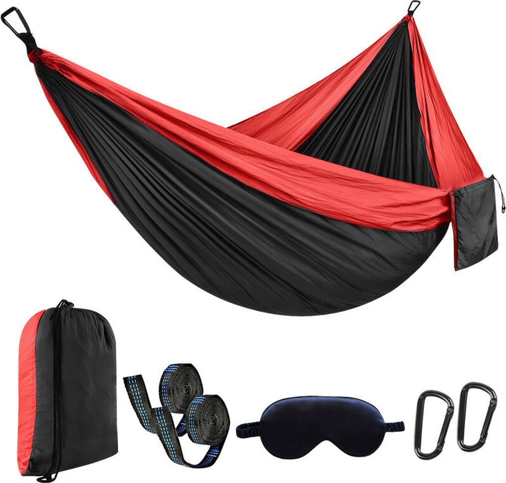 (Rot-Schwarz)Camping Hängematte, Ultra-leicht Tragbare Fallschirm Hängematte aus 210T Nylon, 270x140cm, mit Schlafmaske für Reisen und Outdoor