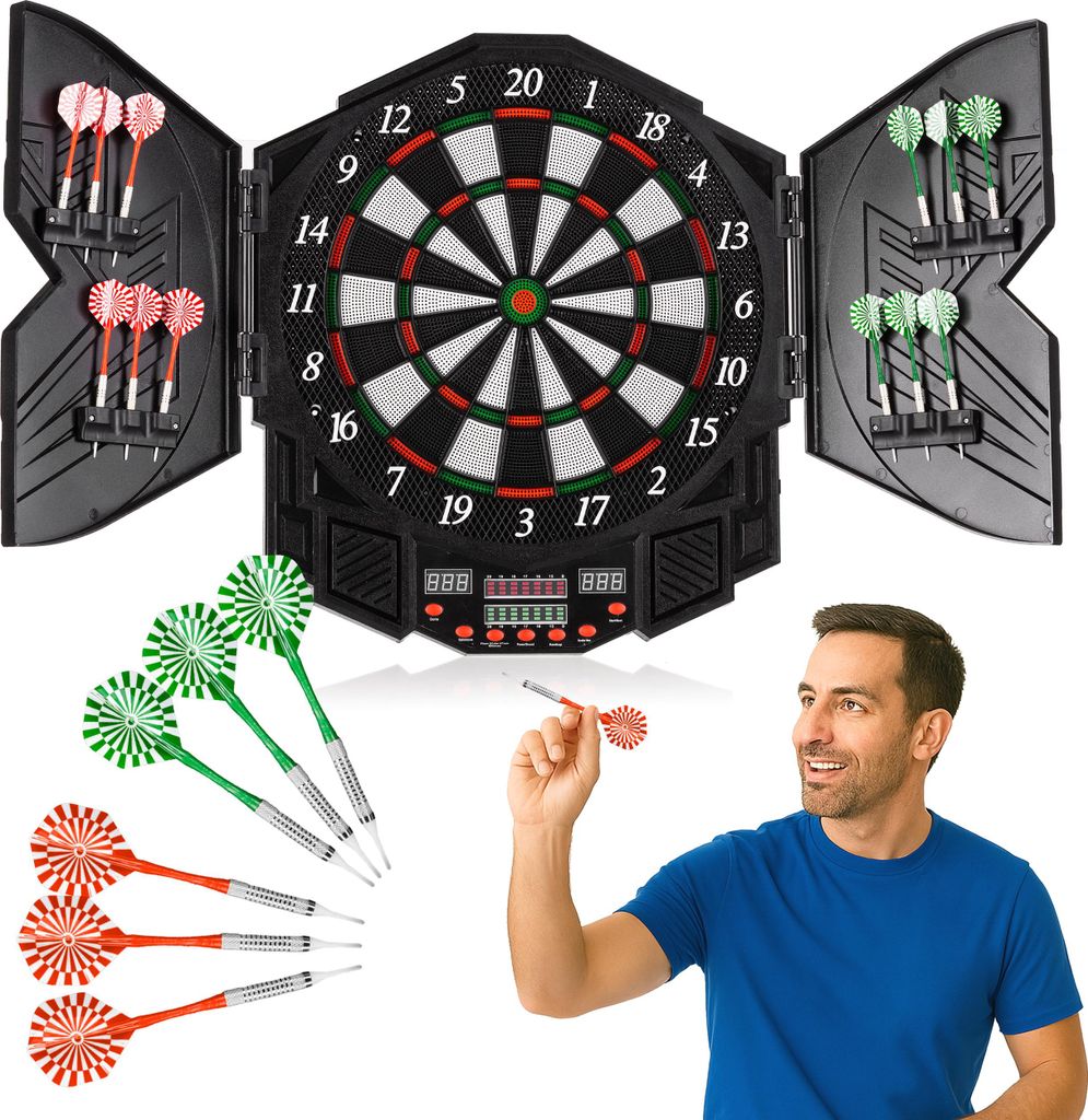 Outtec Elektronische Dartscheibe, Dartautomat, Dartboard mit LED-Bildschirm - 27 Spiele 216 Variationen für 1-8 Spieler inkl. 12 Darts und 24 Sp...