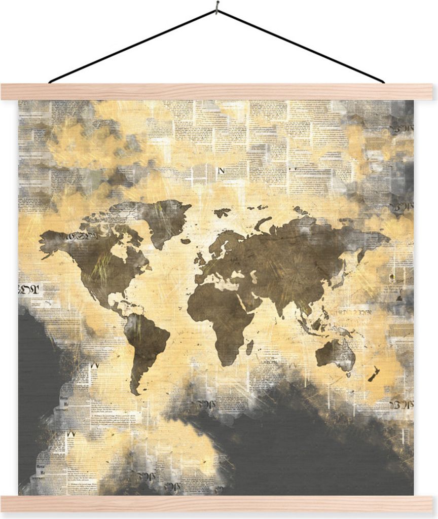 MuchoWow Textilposter Weltkarte - Zusammenfassung - Zeitungen 120x120 cm mit holzfarbenen Rahmen - Textil-Poster