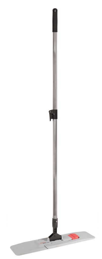 A flat mop with a silver handle and a gray mop head, shown against a white background.