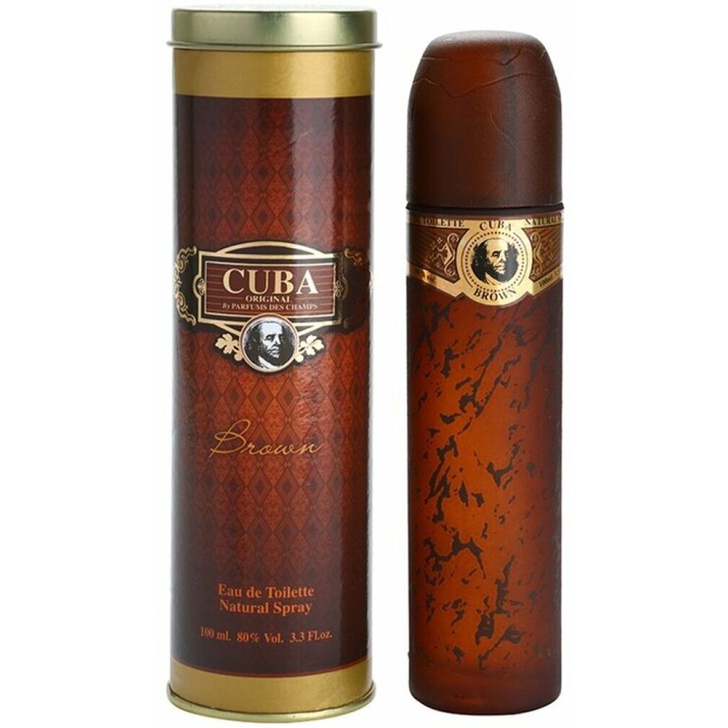 A bottle of Cuba Brown Eau de Toilette and its cylindrical packaging are displayed side-by-side against a white background.