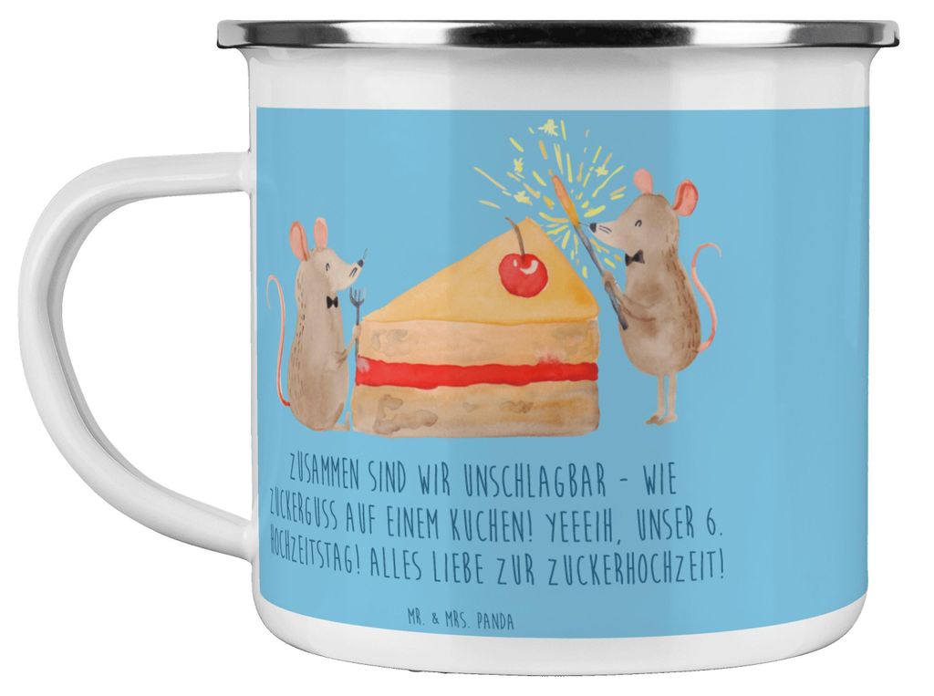 Mr. & Mrs. Panda Emaille Tasse 6. Hochzeitstag Zuckerhochzeit - Sky Blue - Geschenk, Liebe feiern, Pott, Spruch, Haferl, Zweisamkeit, Outdoor Beche...