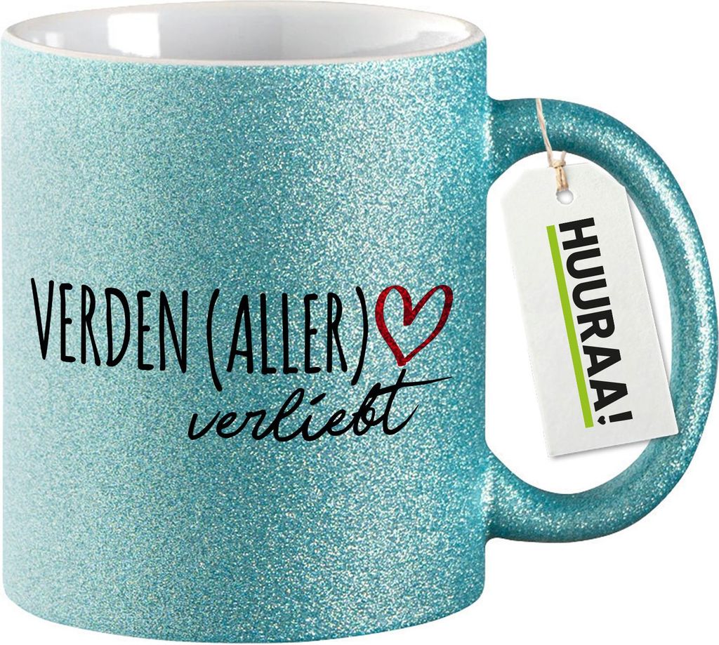 Huuraa Glitzertasse Verden Aller verliebt 330ml Blau Keramik Kaffeebecher Geschenkidee
