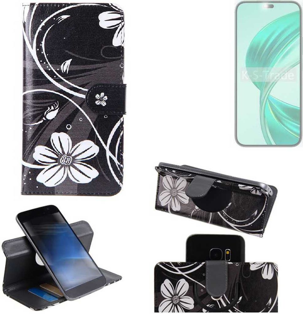 K-S-Trade Schutzhülle Handyhülle kompatibel mit Honor X8b Hülle 360° Wallet Case “Flowers“ Klapphülle Hülle schwarz-weiß 1x