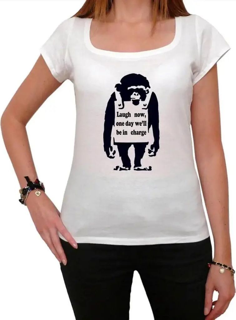 Damen Grafik T-Shirt Lach jetzt Schimpanse – Laugh Now Chimp – Öko-Verantwortlich Vintage Jahrgang Kurzarm Lustige Druck Geburtstag Geschenk Frau