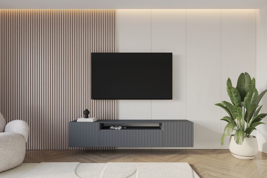 ALTDECOR TV-Schrank NOA-2-W mit Gefrästen Fronten 200x40x41 Lowboard hängend, TV Möbel, TV Cabinet, Fernsehtisch, Fernsehschrank, TV Kommode, TV...