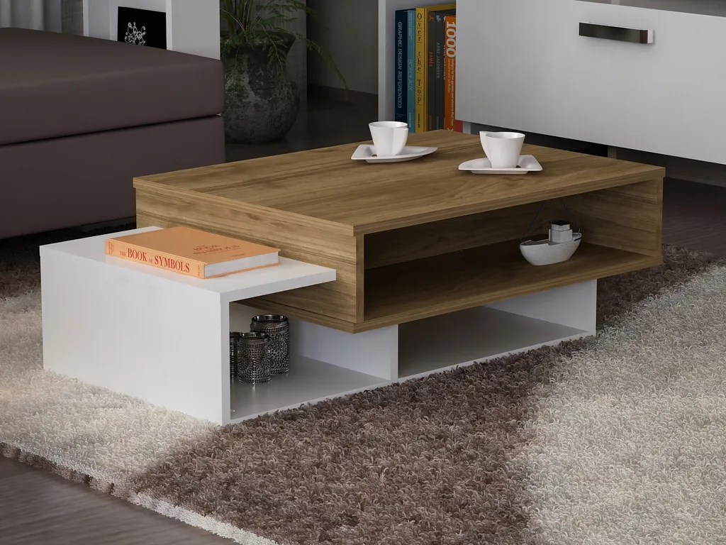 Table basse rectangulaire Tab Blanc et Bois Noyer pour Salon Chic
