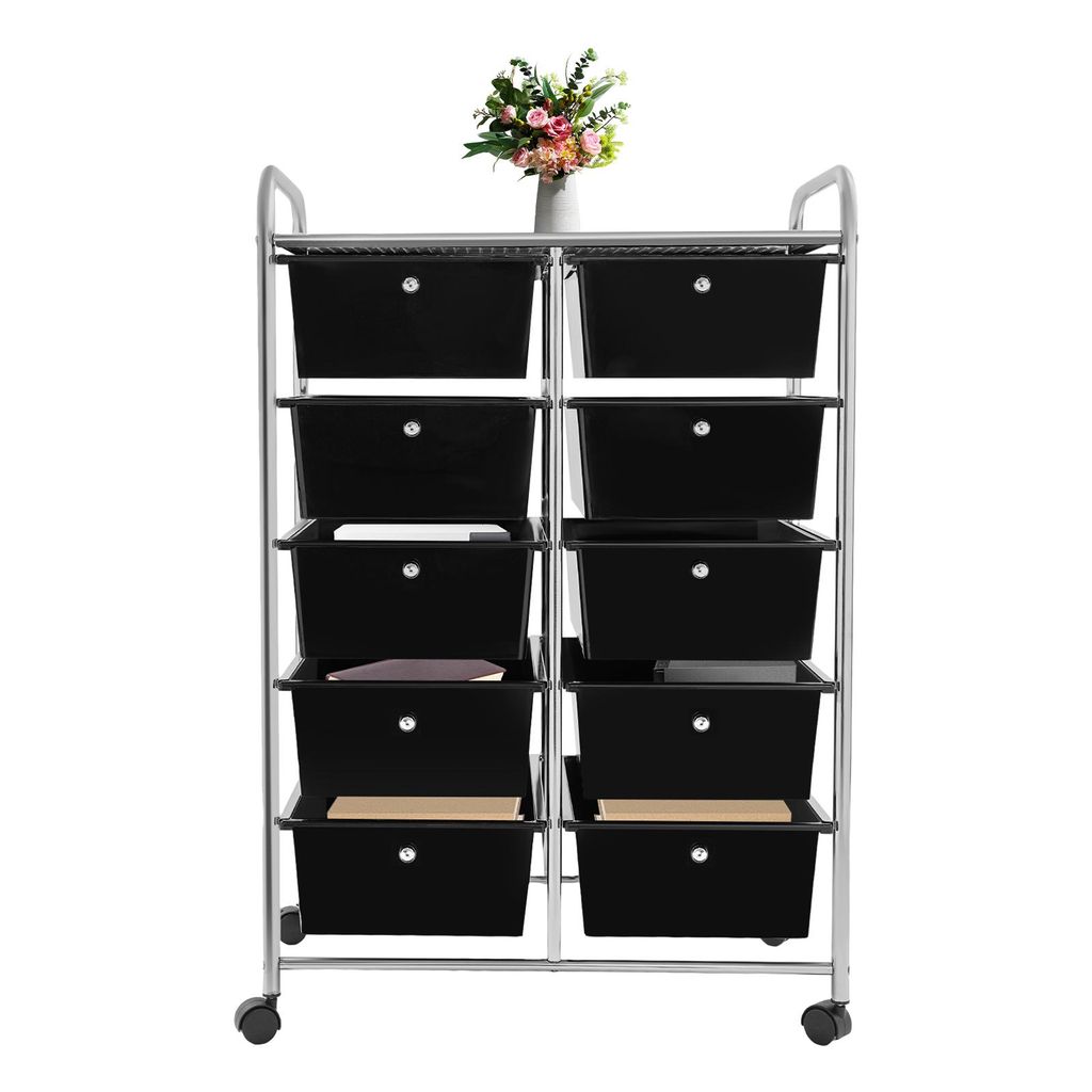 Rollwagen mit 10 Schubladen 63*38*96cm Servierwagen mit Ablagefläche für Büro&Zuhause Schwarz