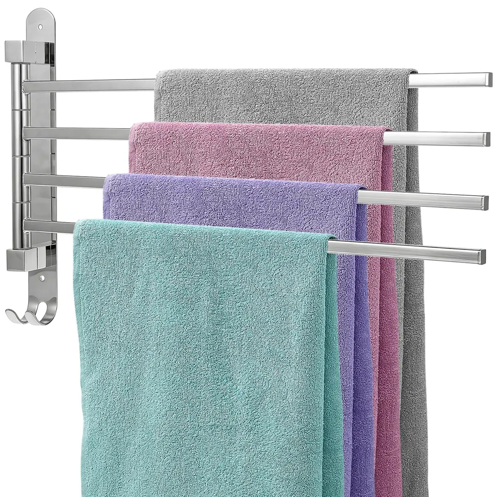 Sèche-serviette rotatif 180° à 4 barres mobiles en métal argenté chromé