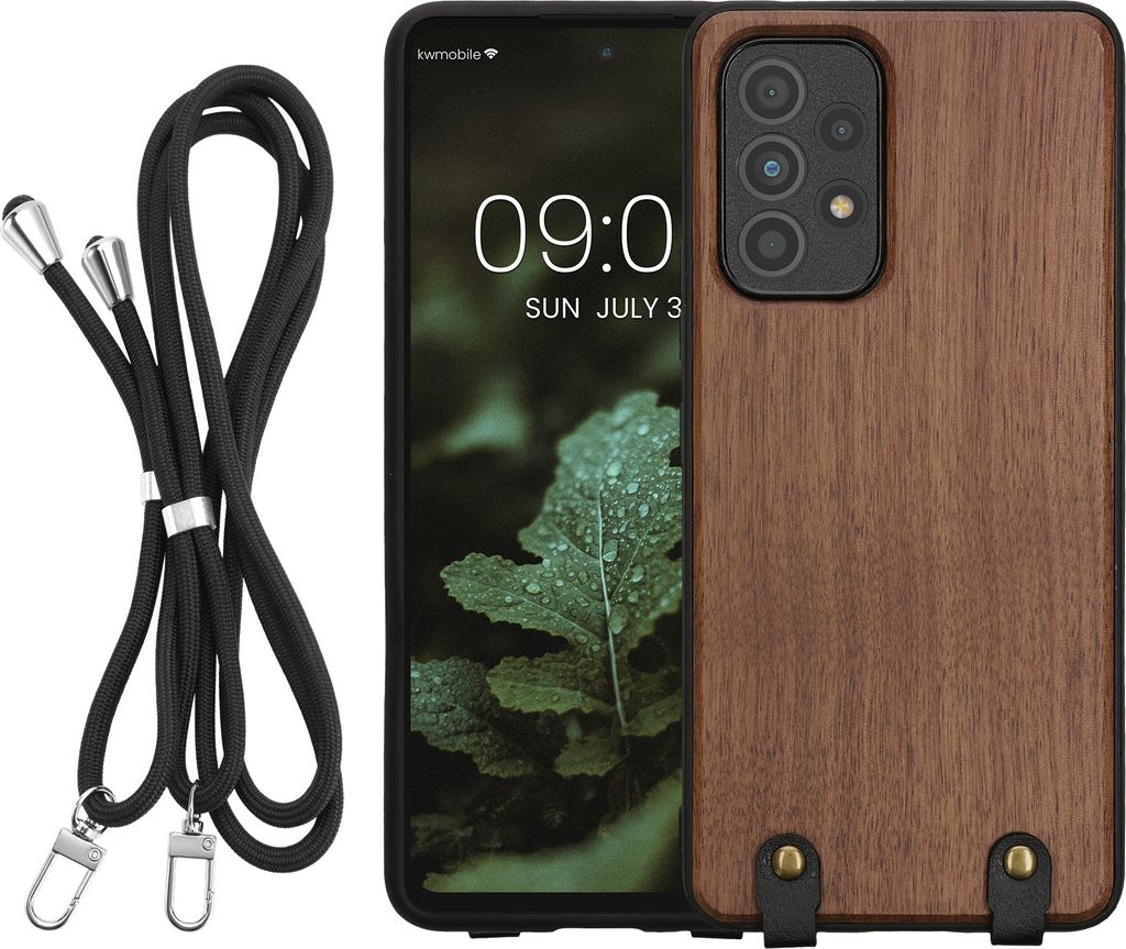 kwmobile Necklace Case kompatibel mit Samsung Galaxy A53 5G Hülle - Holz TPU Cover mit Handykette - Band Handyhülle Dunkelbraun