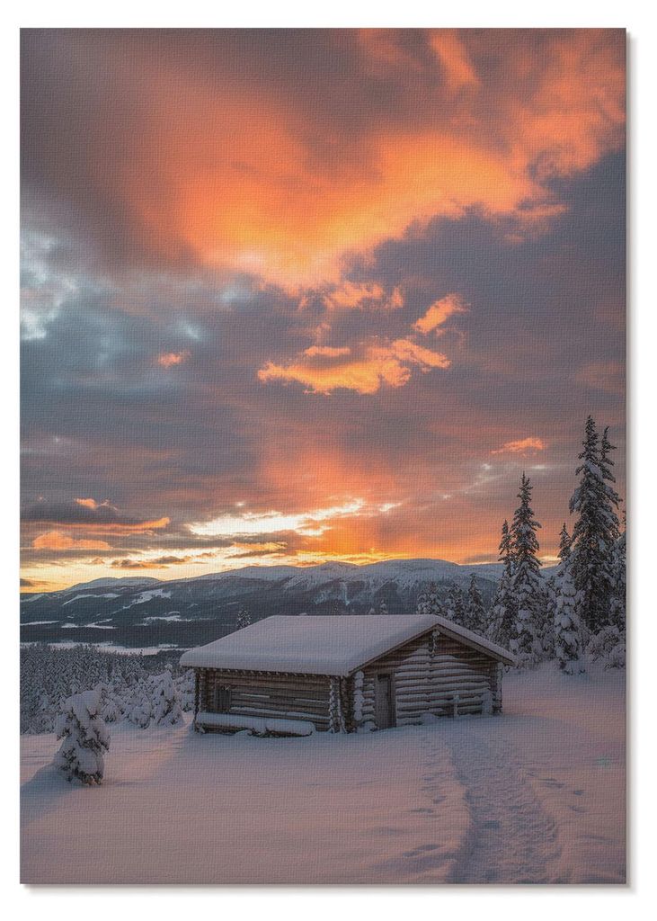 POSTER - 29x42 cm (A3) - Obel Z. - Winterunterkunft, orangefarbener Himmel, Natur - Wandbild für Wohnzimmer Schlafzimmer & Flur, Modernes Poster W...