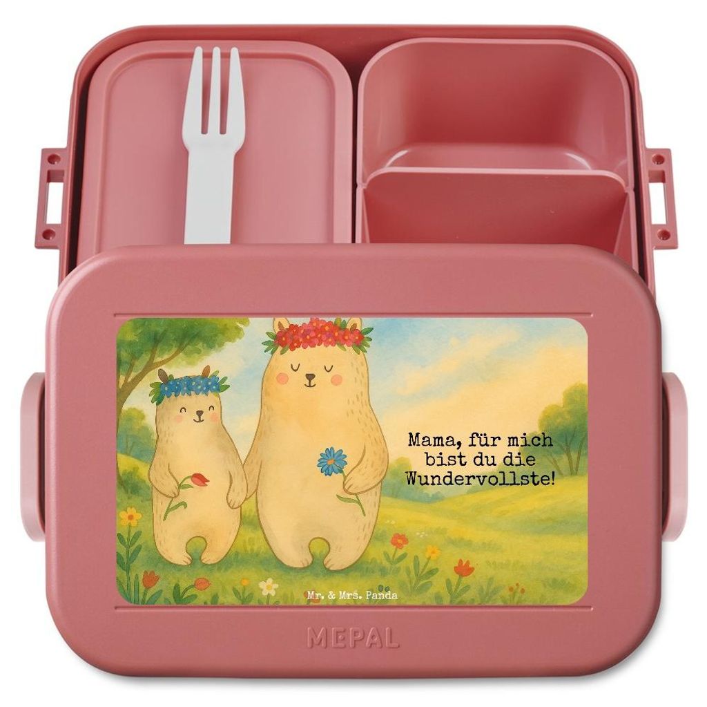 Mr. & Mrs. Panda Bento Box Bären mit Blumenkranz Design - Rot Pastell - Geschenk, Lunchbox, Snackbox, Frischhaltedose, Mami, Familie, Bär, Essens...