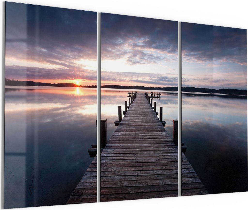 DEQORI Glasbild Echtglas 3x50x100 cm 'Steg bei Sonnenuntergang' Wandbilder XXL groß