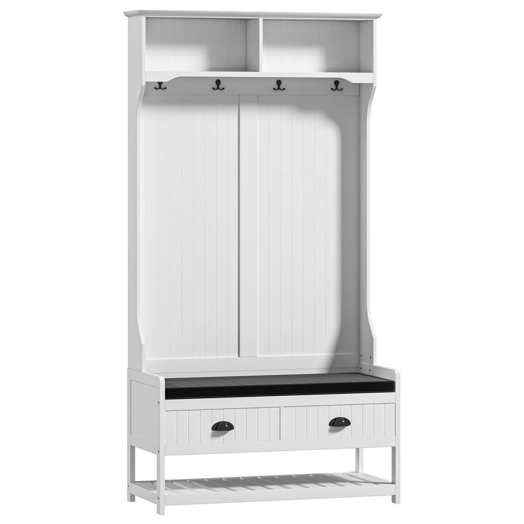 2-in-1 Garderobenständer, Kleiderständer mit 4 Haken, Garderobe mit Schuhbank und Ablagen, Jackenständer mit Kippschutz, für Eingangsbereich,Flur