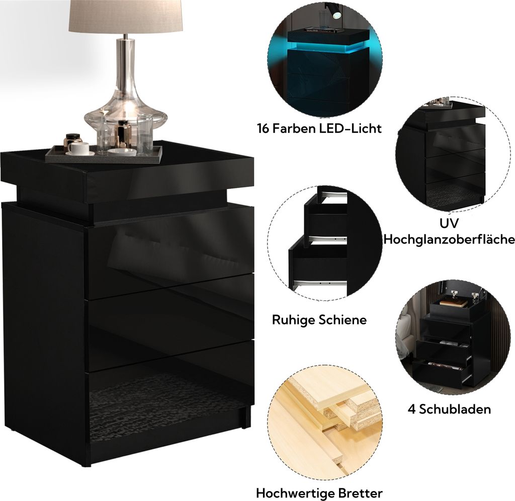 CLIPOP Nachttisch mit LED, 3 Schubladen, 1 Oberer Stauraum, Produktbild 6