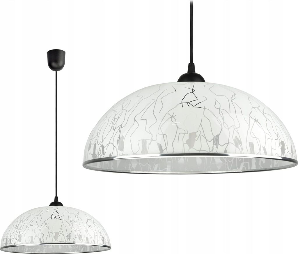 Two views of a modern pendant lamp with a white dome-shaped shade decorated with gray abstract lines, against a white background.