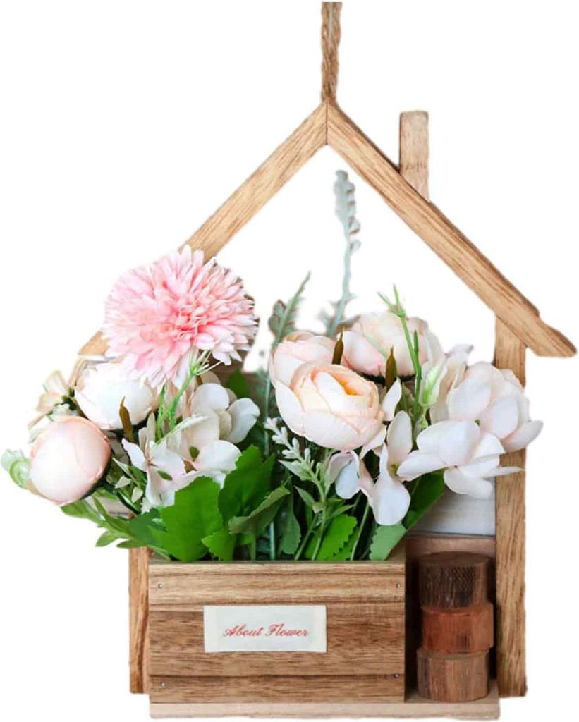 Wandpflanzer aus Holz mit künstlichen Blumen, Topfblumen, Heimwanddekoration, Kunstpflanzen im Topf für Garten, Terrasse, Wohnzimmer, Schlafzimme...