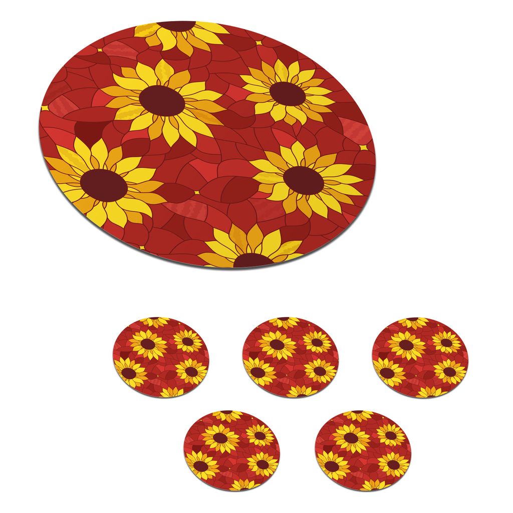 KitchenYeah Glasuntersetzer Rund 6er Set Muster - Herbst - Sonnenblume 10x10 cm Untersetzer für Gläser - Getränkeuntersetzer - Tischplattensch...