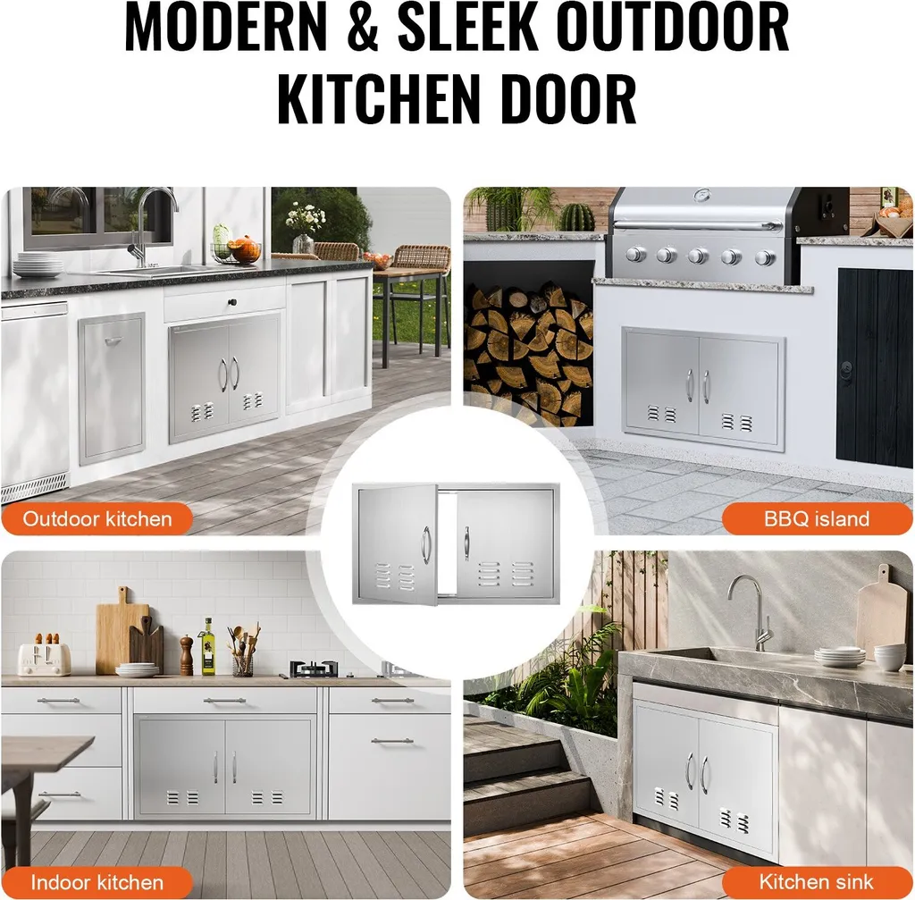 Porta di accesso al barbecue, 914 x 534 mm, Doppia porta per cucina esterna, Porta in acciaio inox a incasso, Porta verticale a parete con maniglie e fessure di ventilazione, per isola barbecue, stazione barbecue, mobile esterno - 6