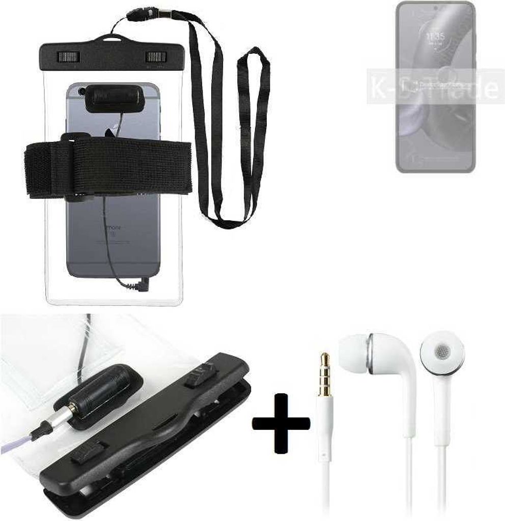 K-S-Trade Wasserdichte Hülle + Kopfhörer kompatibel mit Motorola Edge 30 Neo transparent Jogging Armband Wasserfeste Handy Hülle beach bag outdoor