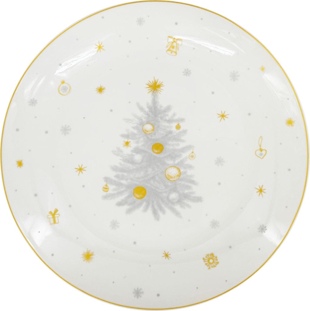 A Christmas-themed plate with a decorated Christmas tree and ornaments.