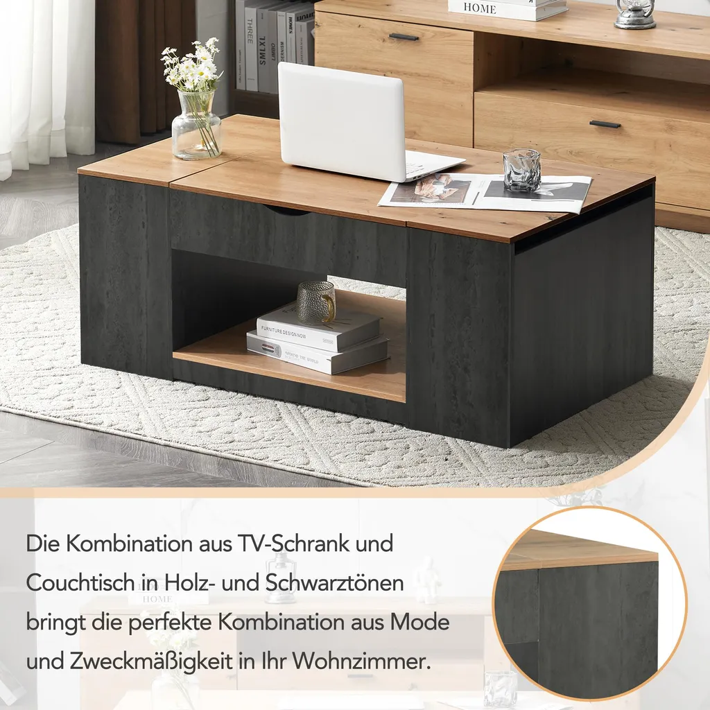 Table basse relevable 110 cm gris et bois marron avec coffre MDF - 12
