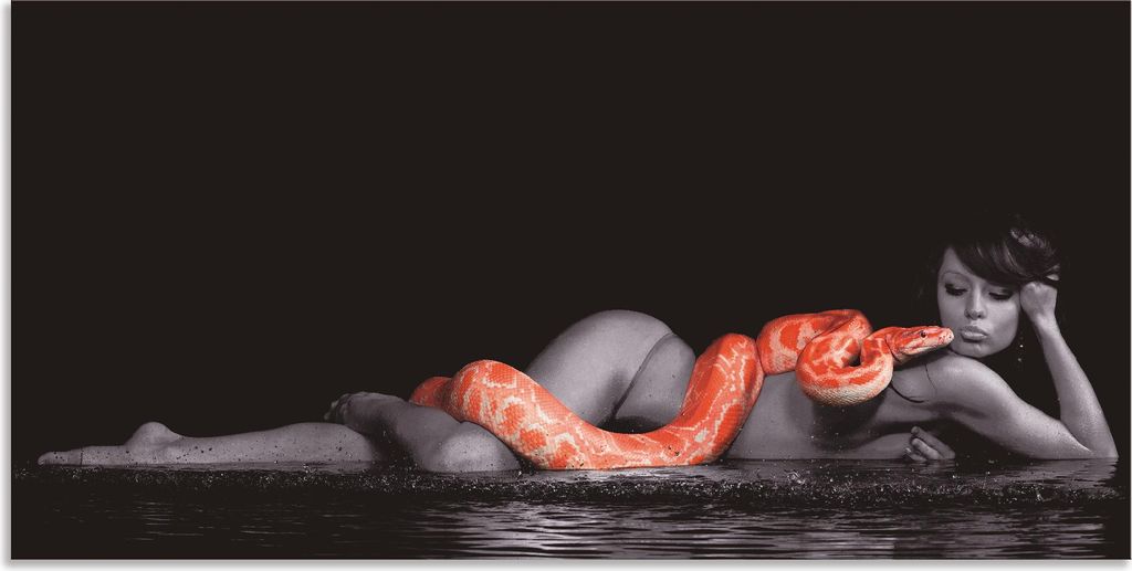 ARTland Wandbild Alu für Innen & Outdoor Frau in Wasser liegend mit roter Python Größe: 40x20 cm
