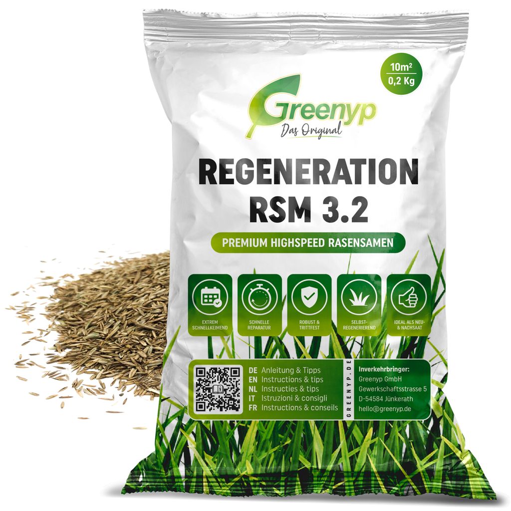 Greenyp Turbo Nachsaat I RSM Rasensamen Nachsaat 3.2 I 0,2kg für 10m² I Schnellkeimender Rasen I Rasensaat Reparaturrasen Grassamen