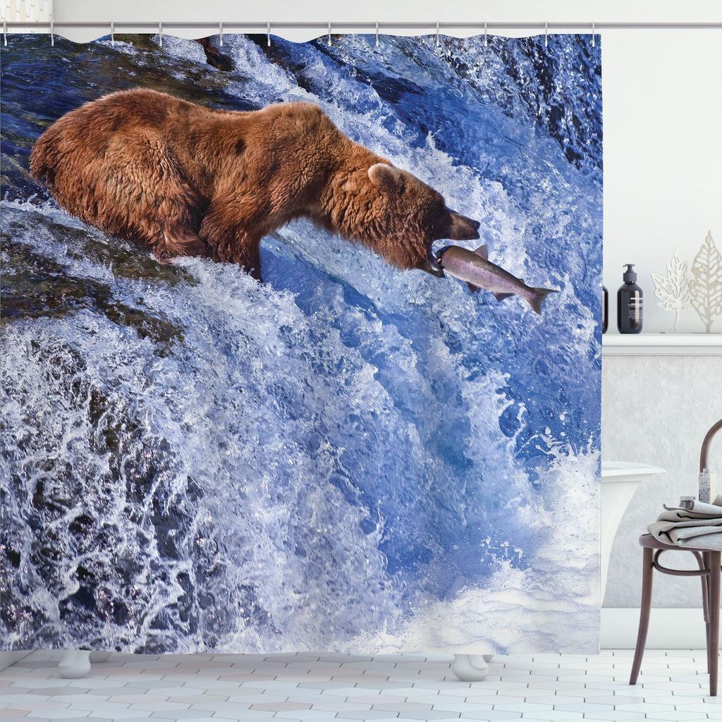 ABAKUHAUS Natur Duschvorhang, Wildes Graubär im Katmai Nationalpark Alaska Wasserfall Fisch Wildes Leben Foto, 175 x 180 cm, Weiß Braun