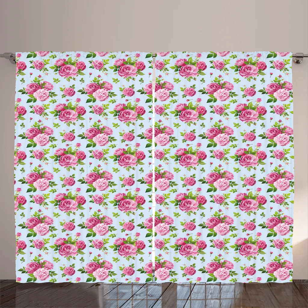 Rideaux de Salon aux Motifs de Roses - Voilage Floral Bleu et Vert Tilleul