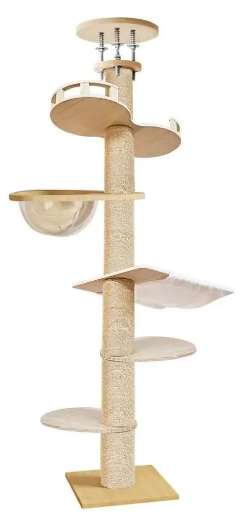 Arbre à chat stable rouge en chanvre - 6 niveaux et perche réglable - 12