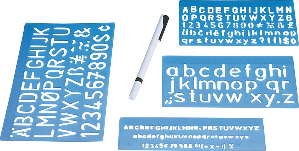 A set of stencils for writing letters and numbers, along with a pen, laid out on a white background.