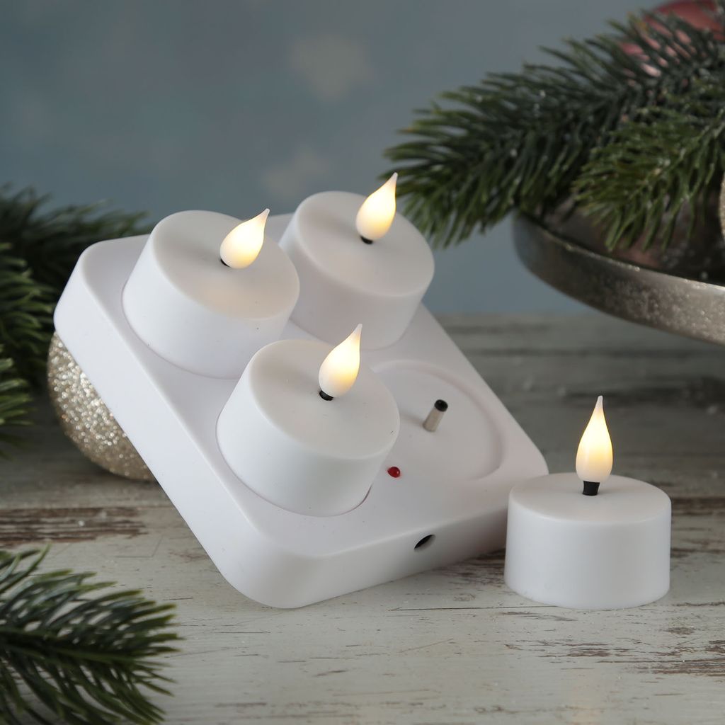 LED Teelichter - 4 wiederaufladbare LED Teelichter mit Ladestation - D- 4cm - flackernd - weiss