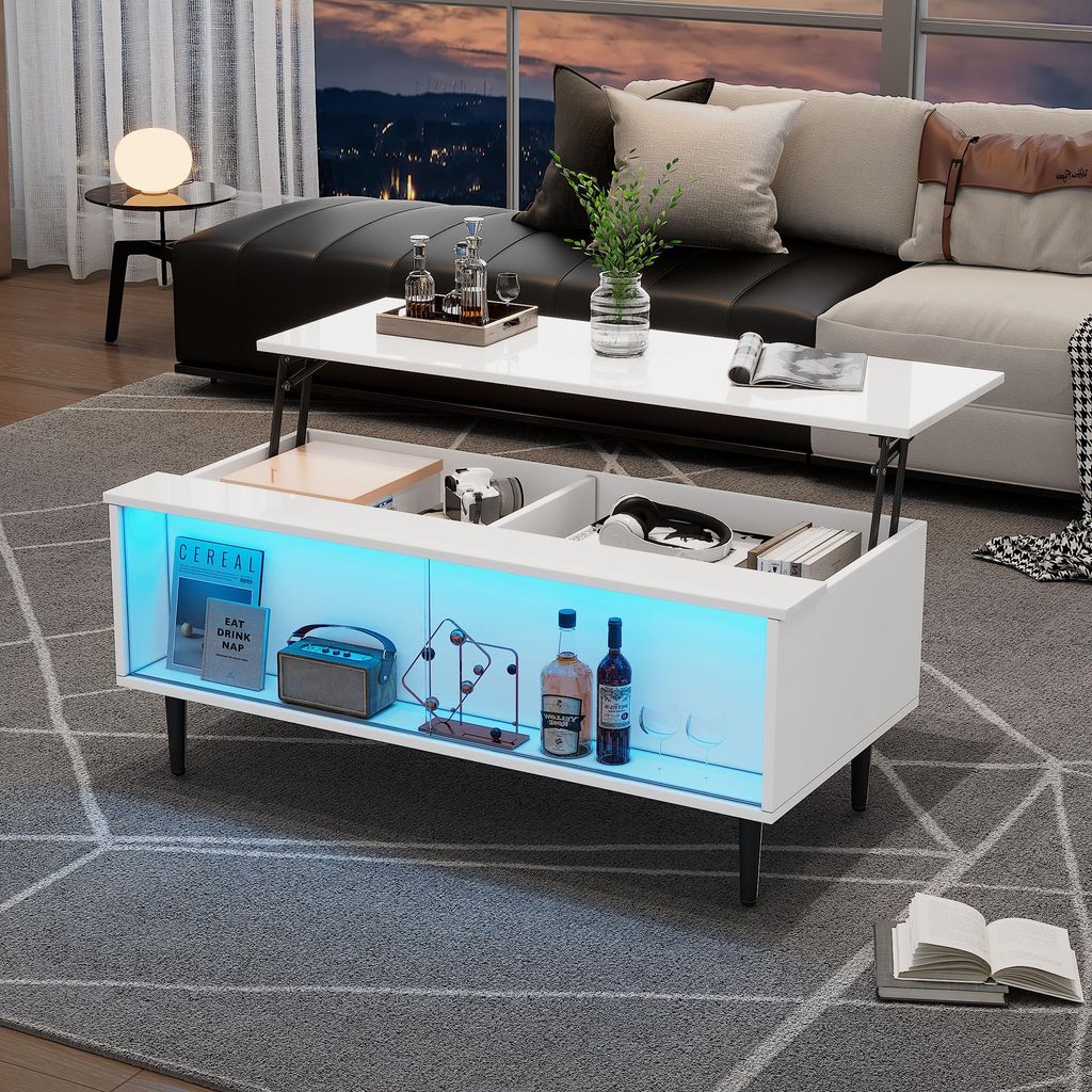 Merax Couchtisch Höhenverstellbar mit Glasschiebetüren, LED-Beleuchtung, Wohnzimmertisch mit verstecktem Stauraum, Displayfläche, Weiß Hochglanz