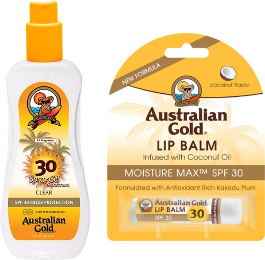 Australian Gold SPF 30 Spray Gel 237ml + Australian Gold Coconut Lip Balm SPF30 4.2g