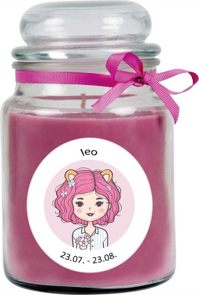 HS Candle "Sternzeichen" Duftkerze Lavendel im Bonbonglas ( Löwe ) - viele Motive zur Auswahl, 500g - Brenndauer bis zu 110 Std - Leo
