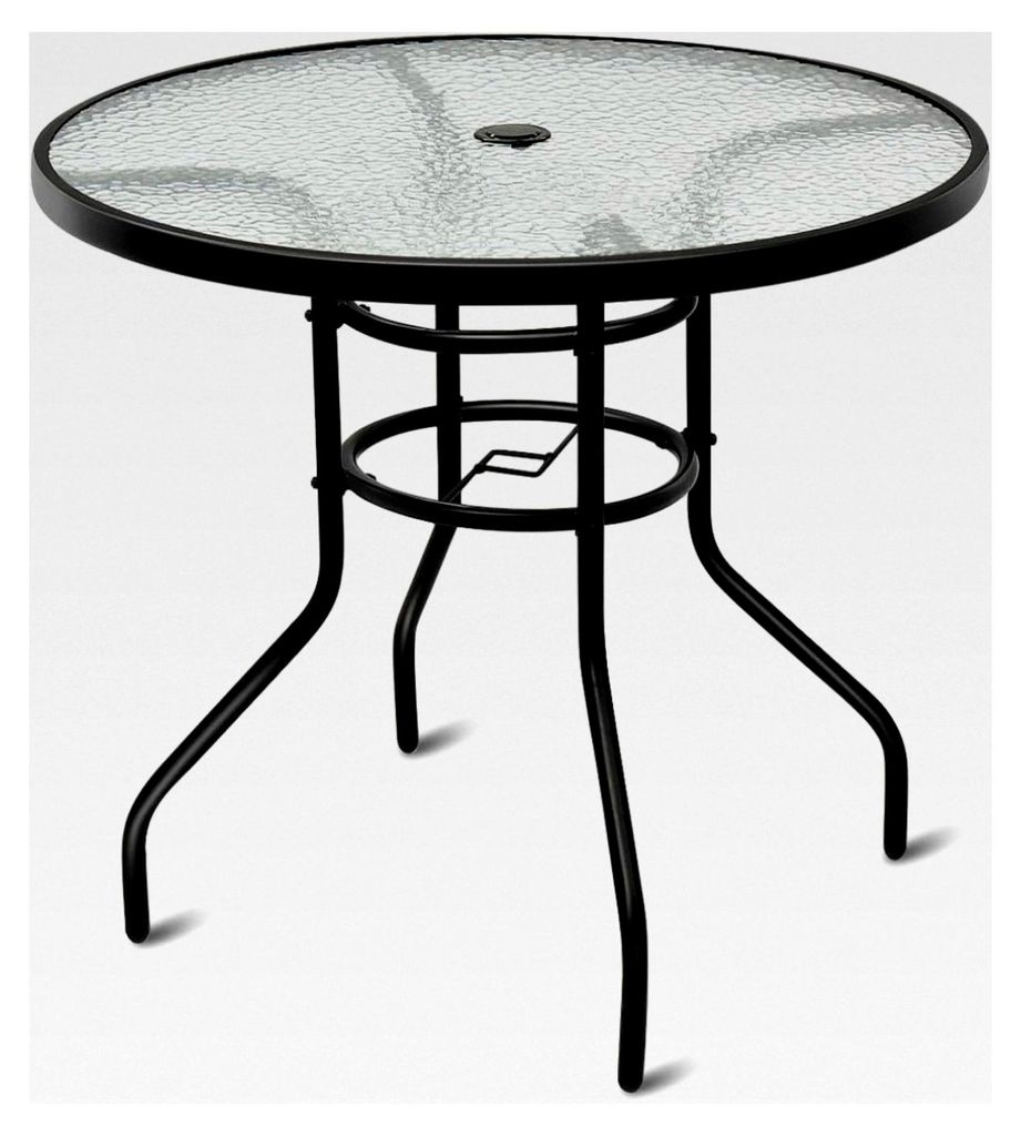 Gartentisch mit Schirmloch, 80x80x71 cm, Terrassentisch aus gehärtetem Glas und Metallrahmen, runder Balkontisch für Terrasse, Garten und Balkon