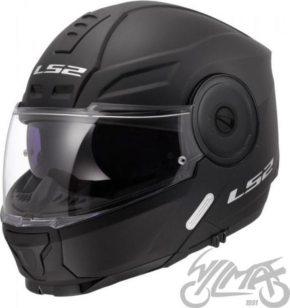 A black LS2 motorcycle helmet is shown against a white background.