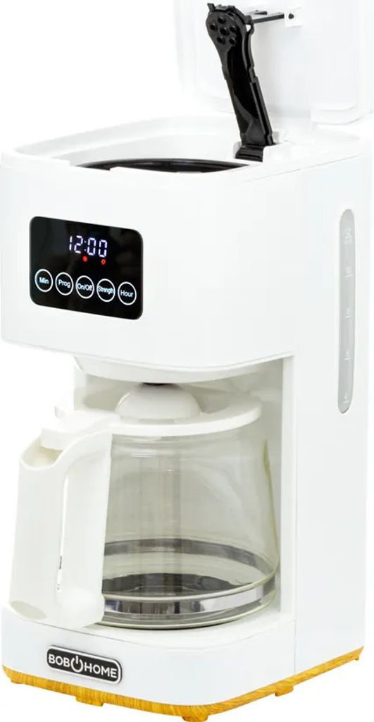 A white filter coffee machine with a glass carafe and a digital display.
