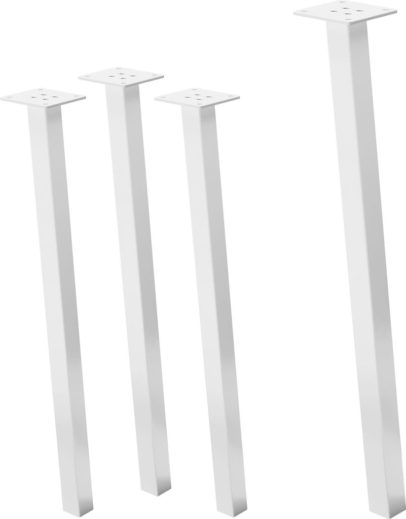 Four white table legs are arranged in a row against a white background.