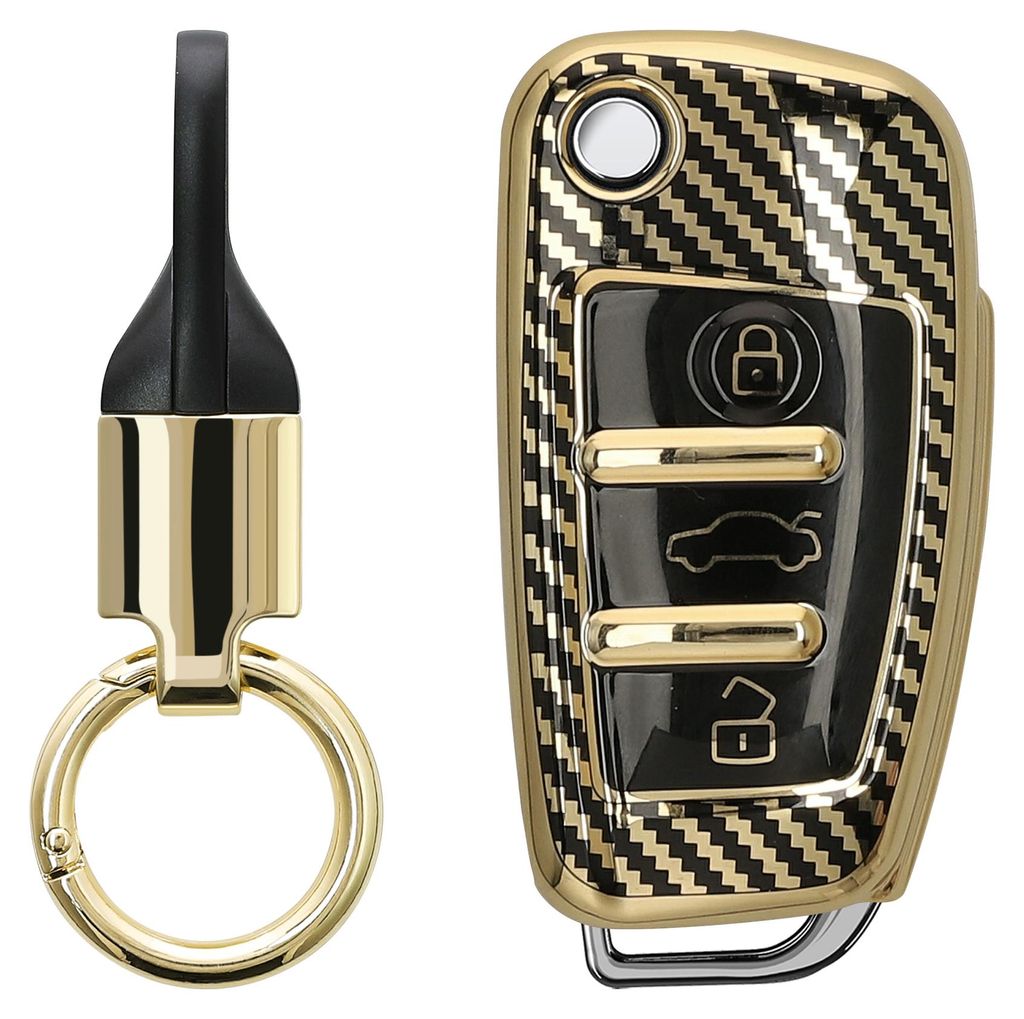 kwmobile Autoschlüssel Hülle kompatibel mit Audi 3-Tasten Klappschlüssel Hülle - Schlüsselhülle mit Key Ring Anhänger - Cover Gold Schwarz