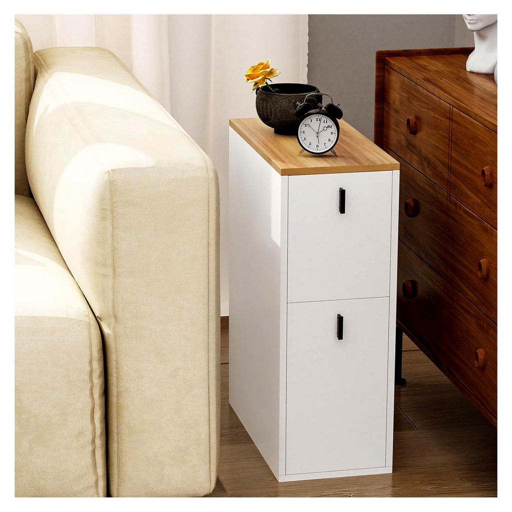 Schmaler Nachttisch, Beistelltisch mit 2 Schubladen, flexibel einbaubar, Beige, 25x51x68 cm