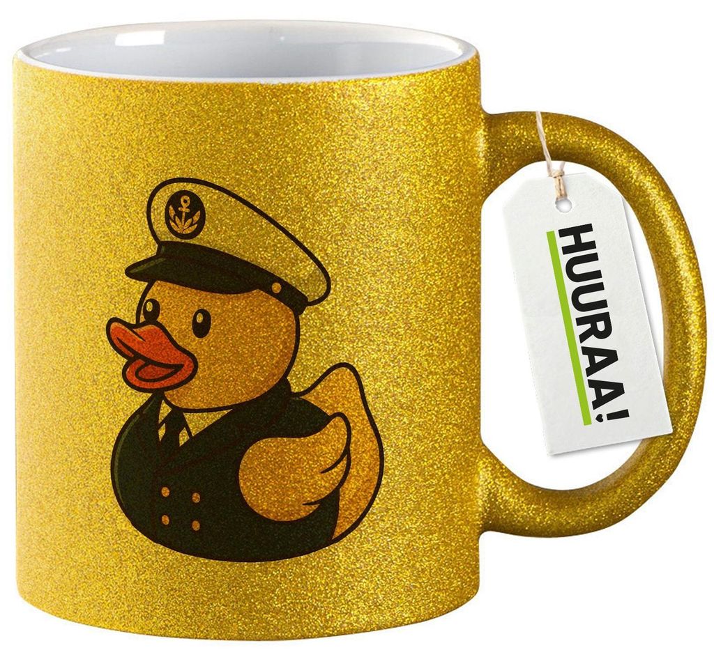 Huuraa Glitzertasse Quietscheente Kapitän Gummiente Seefahrer 330ml Gold Keramik Kaffeebecher Geschenkidee