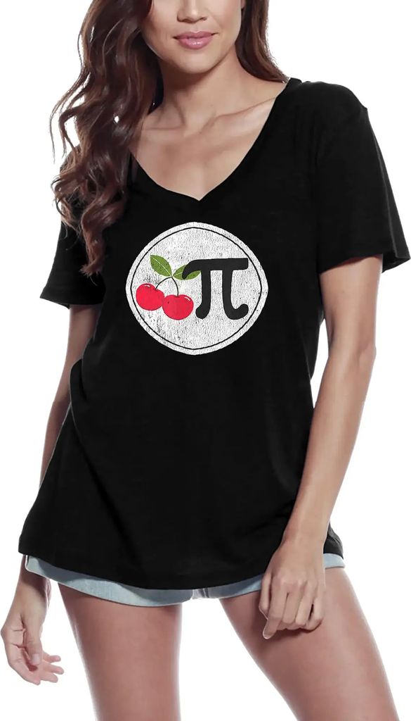 Damen Grafik T-Shirt V-Ausschnitt Kirsch-Pi-Tag Mathe – Cherry Pi Day Math – Öko-Verantwortlich Vintage Jahrgang Kurzarm Lustige Druck Geburtstag