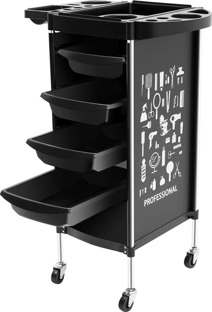 Salonwagen - Friseurwagen - 4 Schubladen - 6 Ebenen - Klappdeckel - 4 Lenkrollen - 37×34×88 cm - 30–50 kg - Schwarz